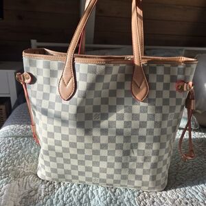Canvas Check Tote Bag with Tan Trim